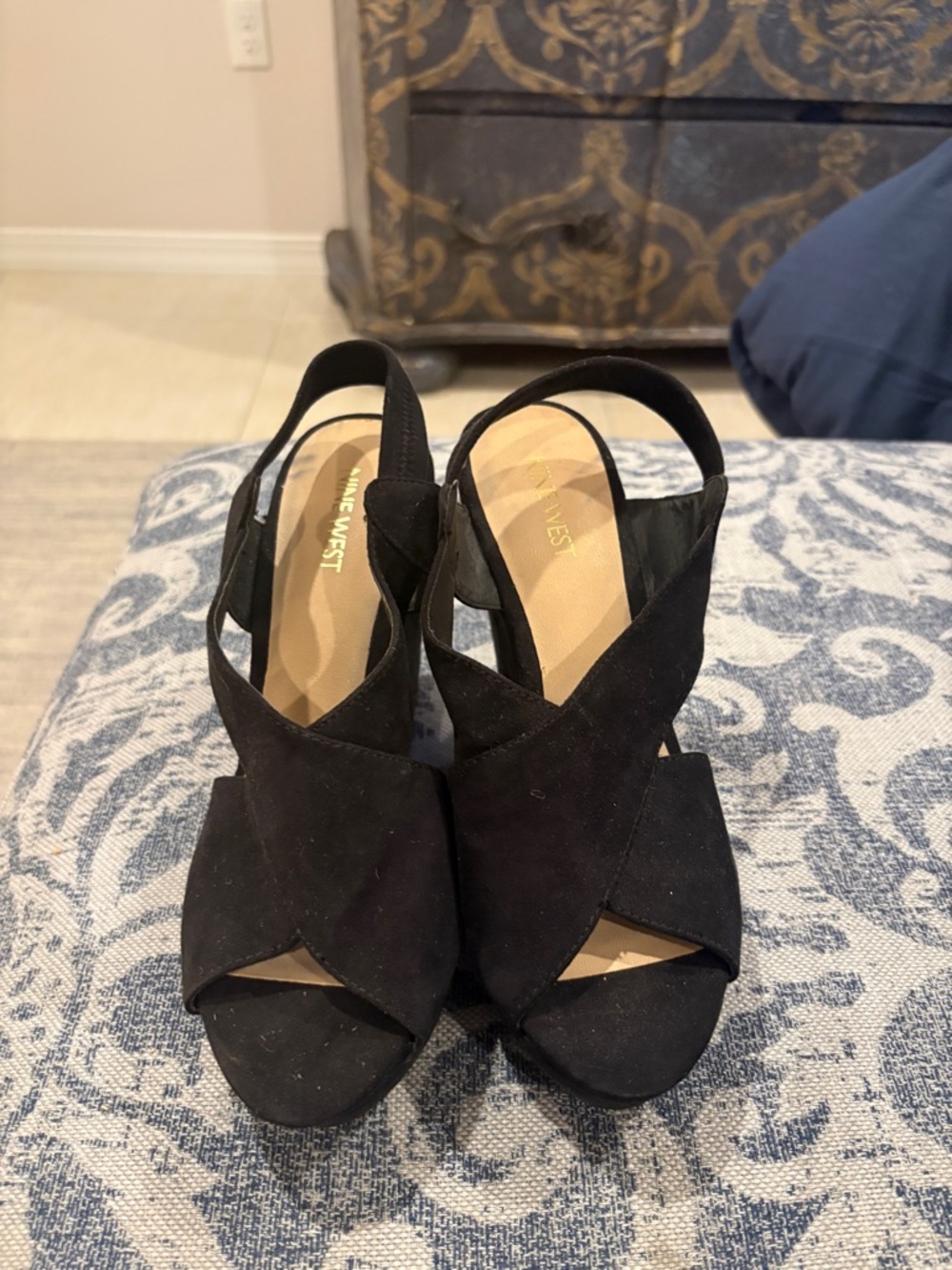 Nine West Black Suede Crisscross Wedge Sandals